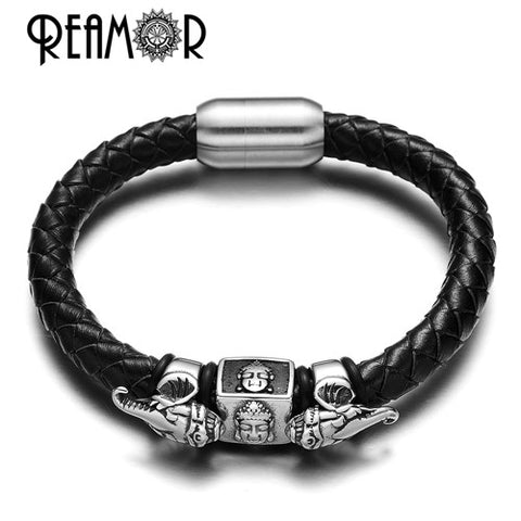 REAMOR 2017 Exoticism Design Thailand Ganesha Buddhism Genuine Leather Stainless Steel Bead Bracelet & Bangle with Magnet Clasp